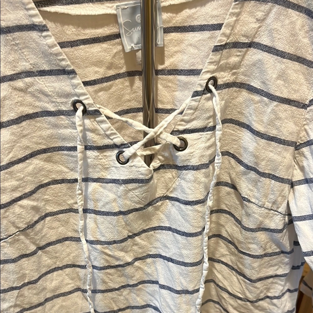 Sunday Women's Striped Blouse with Lace-Up Front in White and Blue - Picture 4 of 10